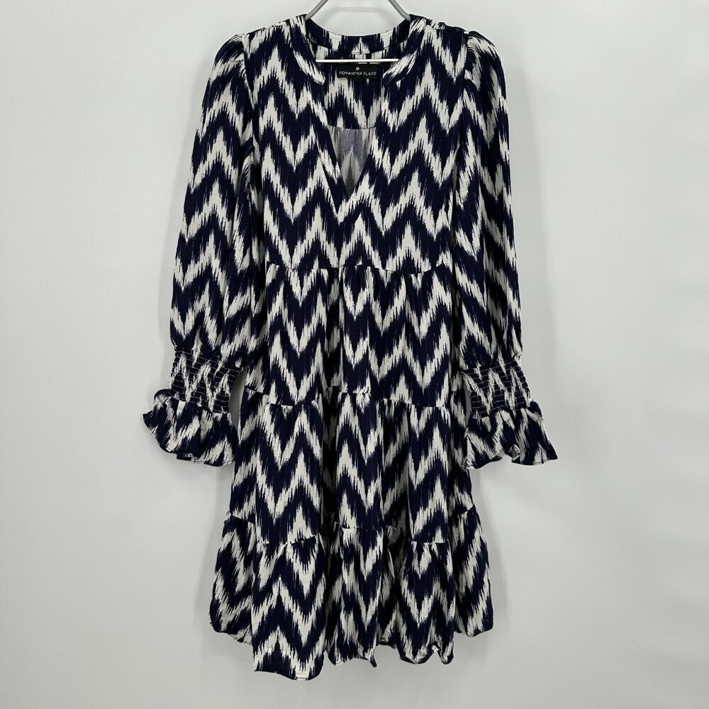 Pomander Place by Tuckernuck Kenzo Mini Dress sz S Navy/White Ikat Swing Tiered